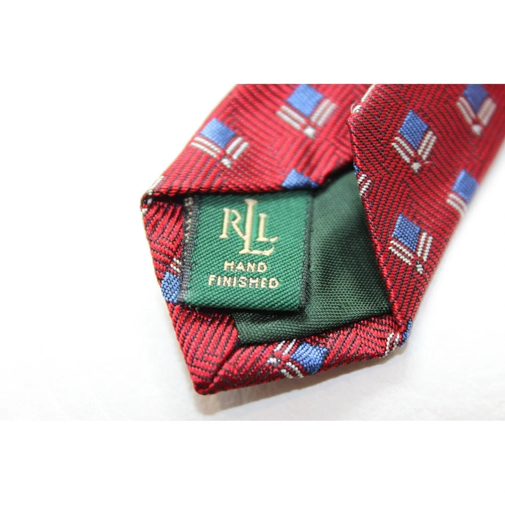 Lauren Ralph Lauren Mens Red Geometric Square Silk Necktie Hand Finished USA‎